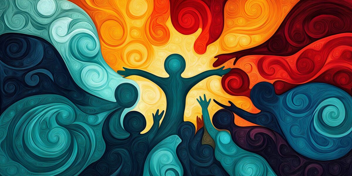 Abstract, swirling artwork featuring silhouetted human figures in vibrant colors. A central teal figure stands with arms wide open, surrounded by other figures reaching toward them from both sides. The background transitions from cool blue and teal swirl
